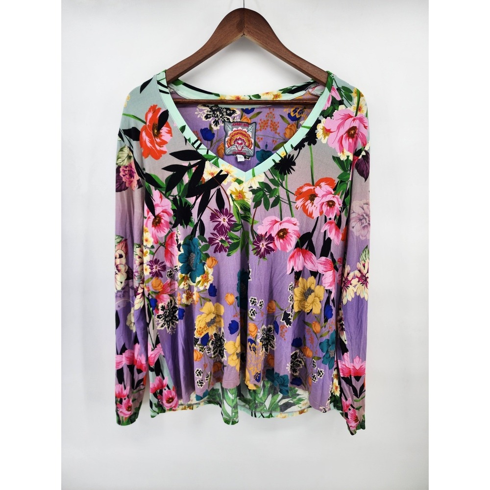 Johnny Was Womens Large Floral Bamboo Spandex V-Neck Long Sleeve Top Purple